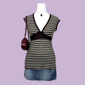 brown white and silver/gold metallic striped y2k  knit sleeveless top